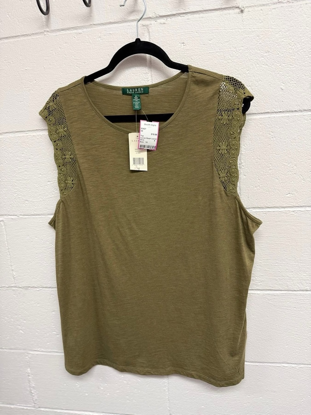 Lauren Ralph Lauren Olive Green Lace-Trim Tank Top